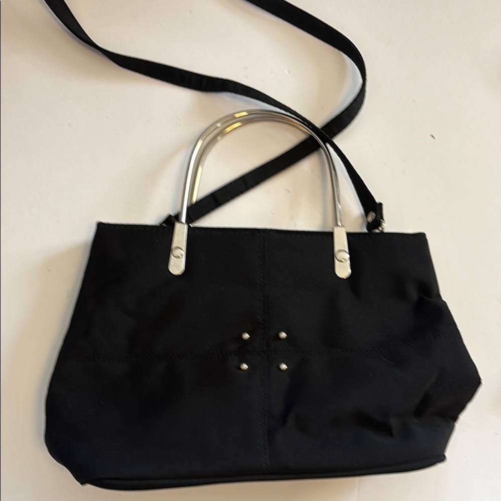 BLACK HANDBAG WITH SILVER METAL HANDLES NYLON MATERIAL 4 SILVER STUD DESIGN